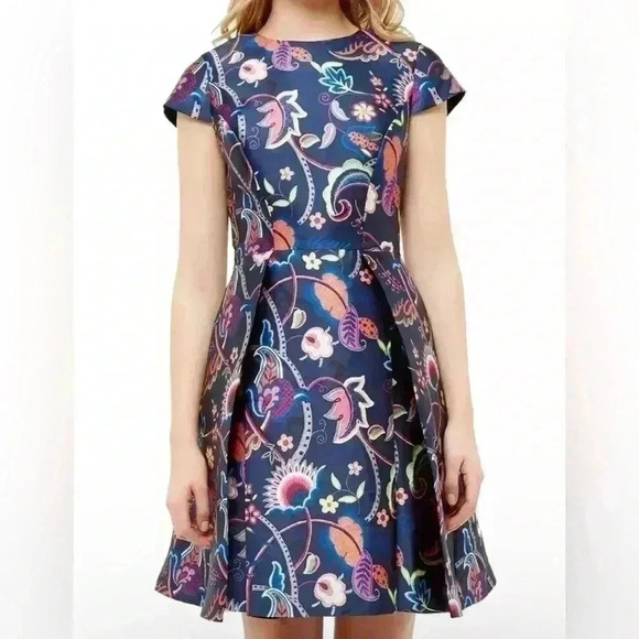 92. TED BAKER WOMEN'S PLUXAM FOLK FOLIAGE SKATER DRESS Size 1 - Picture 1 of 7